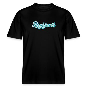 Reykjavik Neon Script -  RELAXED FIT Unisex Organic T-Shirt - black - Front - Alina (178cm) & Michal (187cm)