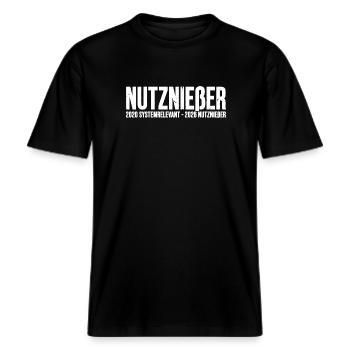 Nutznießer Shirt - 2020 systemrelevant Protest. -  RELAXED FIT Unisex Organic T-Shirt - Schwarz - Vorne - Alina (178cm) & Michal (187cm)
