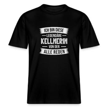 Kellnerin Gastronomie Servicekraft Bedienung -  RELAXED FIT Unisex Organic T-Shirt - Schwarz - Vorne - Alina (178cm) & Michal (187cm)
