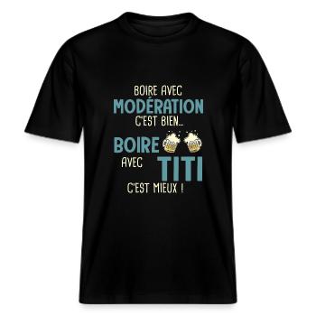 thierry boire modération boire titi c'est mieux -  T-shirt unisexe RELAXED FIT en coton bio - noir - Devant - Alina (178cm) & Michal (187cm)