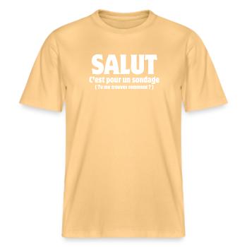 Hi, hello, pollster, poll -  RELAXED FIT Unisex Organic T-Shirt - washed yellow - Front - Alina (178cm) & Michal (187cm)