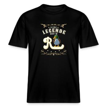 R und Ente gleich Rente Legende geht in Rente -  RELAXED FIT Unisex Organic T-Shirt - Schwarz - Vorne - Alina (178cm) & Michal (187cm)