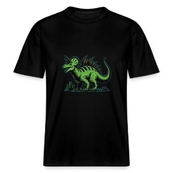 Dinosaur Green, Fantasy Dino – The Green Giant -  RELAXED FIT Unisex Organic T-Shirt - black - Front - Alina (178cm) & Michal (187cm)