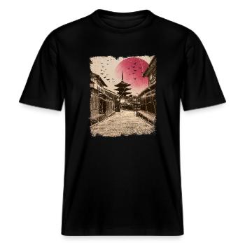 Japan Vintage Kyoto japanische Kunst -  RELAXED FIT Unisex Organic T-Shirt - Schwarz - Vorne - Alina (178cm) & Michal (187cm)