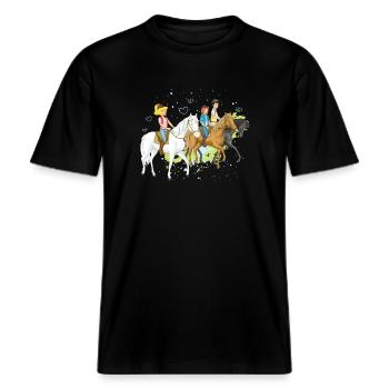 Bibi und Tina 'Freunde reiten aus' -  RELAXED FIT Unisex Organic T-Shirt - Schwarz - Vorne - Alina (178cm) & Michal (187cm)