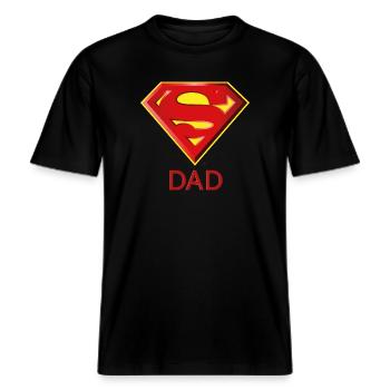 Superman 'Super DAD' Männer T-Shirt -  RELAXED FIT Unisex Organic T-Shirt - Schwarz - Vorne - Alina (178cm) & Michal (187cm)