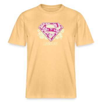 Superman S-Shield Mom -  RELAXED FIT Unisex Organic T-Shirt - washed yellow - Front - Alina (178cm) & Michal (187cm)