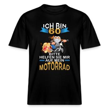 ICH BIN 60 BITTE HELFEN SIE MIR AUF MEIN MOTORRAD -  RELAXED FIT Unisex Organic T-Shirt - Schwarz - Vorne - Alina (178cm) & Michal (187cm)