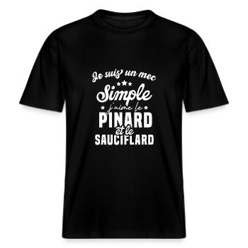 Un mec simple j'aime le pinard et le sauciflard -  T-shirt unisexe RELAXED FIT en coton bio - noir - Devant - Alina (178cm) & Michal (187cm)