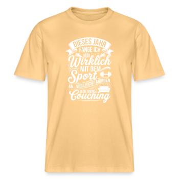 This year really with the sport -  RELAXED FIT Unisex Organic T-Shirt - washed yellow - Front - Alina (178cm) & Michal (187cm)