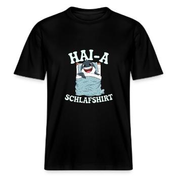 Hai-A! Lustiges Schlafshirt mit Hai -  RELAXED FIT Unisex Organic T-Shirt - Schwarz - Vorne - Alina (178cm) & Michal (187cm)