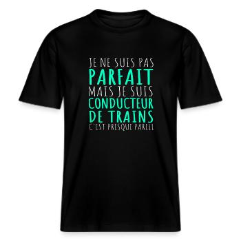Conducteur de train humour train cadeau cheminot -  T-shirt unisexe RELAXED FIT en coton bio - noir - Devant - Alina (178cm) & Michal (187cm)