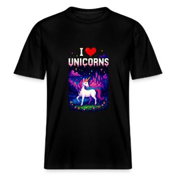 I Love Unicorns – Magisches Einhorn Pixel Shirt -  RELAXED FIT Unisex Organic T-Shirt - Schwarz - Vorne - Alina (178cm) & Michal (187cm)