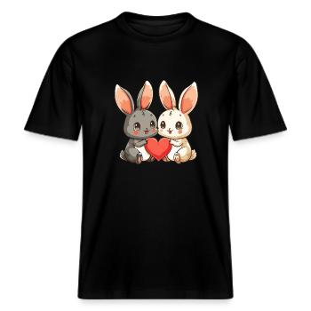 Hase Paar Liebe Ostern Valentinstag -  RELAXED FIT Unisex Organic T-Shirt - Schwarz - Vorne - Alina (178cm) & Michal (187cm)