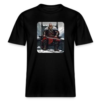 Proud Viking warrior Germanic with sword -  RELAXED FIT Unisex Organic T-Shirt - black - Front - Alina (178cm) & Michal (187cm)
