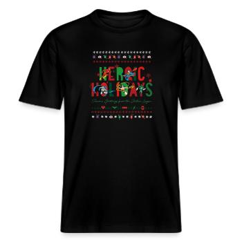 Justice League Heroic Holidays Weihnachtspulli -  RELAXED FIT Unisex Organic T-Shirt - Schwarz - Vorne - Alina (178cm) & Michal (187cm)