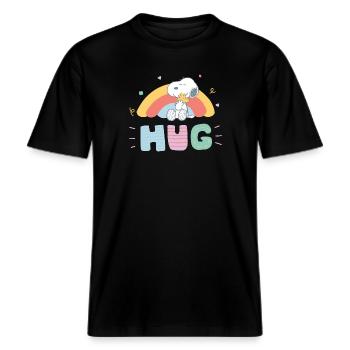 Peanuts Snoopy & Woodstock Hug -  RELAXED FIT Unisex Organic T-Shirt - Schwarz - Vorne - Alina (178cm) & Michal (187cm)
