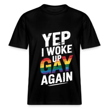 LGBTQ Slogan Shirt – Wake Up Gay -  RELAXED FIT Unisex Organic T-Shirt - black - Front - Alina (178cm) & Michal (187cm)