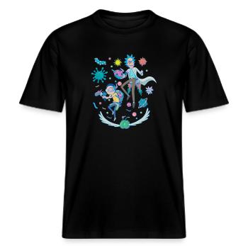Rick Et Morty combat dans l'espace -  T-shirt unisexe RELAXED FIT en coton bio - noir - Devant - Alina (178cm) & Michal (187cm)