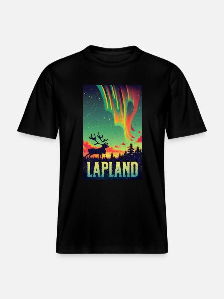 Reindeer and Northern Lights in Lapland Finland -  RELAXED FIT Unisex Organic T-Shirt - black