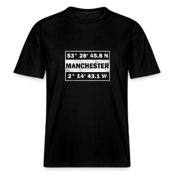 Manchester Coordinates City England Manchester -  RELAXED FIT Unisex Organic T-Shirt - black - Front - Alina (178cm) & Michal (187cm)