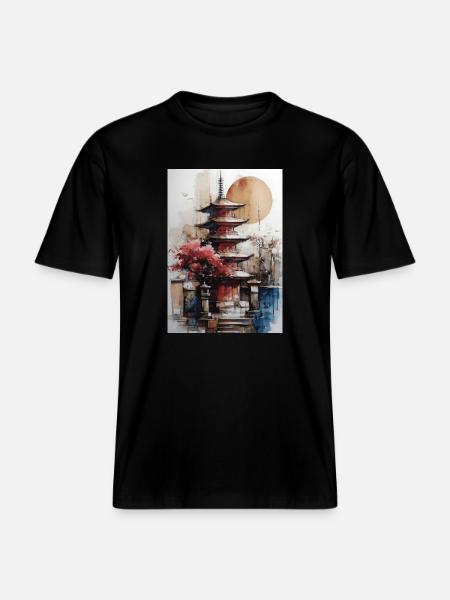 Zen-Sonne-Aquarellpagode - RELAXED FIT Unisex Organic T-Shirt - Schwarz