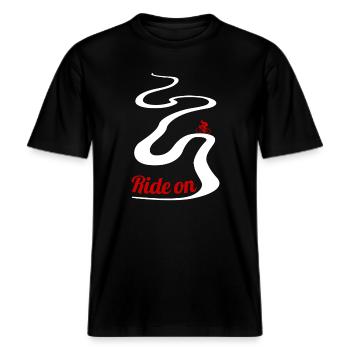 Rennrad Bergpass Ride On – Radfahrer Design -  RELAXED FIT Unisex Organic T-Shirt - Schwarz - Vorne - Alina (178cm) & Michal (187cm)