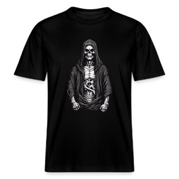 Halloween Sensenmann Skelett Schädel Design -  RELAXED FIT Unisex Organic T-Shirt - Schwarz - Vorne - Alina (178cm) & Michal (187cm)