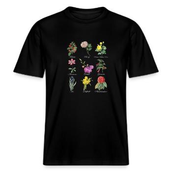 Vintage Botanical Floral Flower T-Shirt -  RELAXED FIT Unisex Organic T-Shirt - Schwarz - Vorne - Alina (178cm) & Michal (187cm)