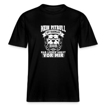 Mein Pitbull ist harmlos, Hab lieber Angst vor Mir -  RELAXED FIT Unisex Organic T-Shirt - Schwarz - Vorne - Alina (178cm) & Michal (187cm)