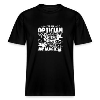 Optician Optician I Work My Magic -  RELAXED FIT Unisex Organic T-Shirt - black - Front - Alina (178cm) & Michal (187cm)