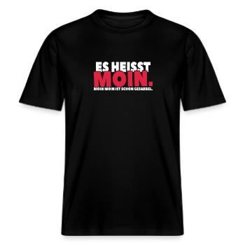 Moin-Moin-Spruch: Sabbel dich in den Tag hinein -  RELAXED FIT Unisex Organic T-Shirt - Schwarz - Vorne - Alina (178cm) & Michal (187cm)
