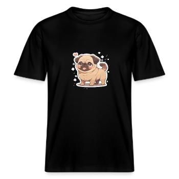 Mops Mops Hund Mops Geschenke Mops Liebhaber -  RELAXED FIT Unisex Organic T-Shirt - Schwarz - Vorne - Alina (178cm) & Michal (187cm)
