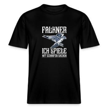Falkenliebhaber Greifvogel Falkner Falknerei -  RELAXED FIT Unisex Organic T-Shirt - Schwarz - Vorne - Alina (178cm) & Michal (187cm)