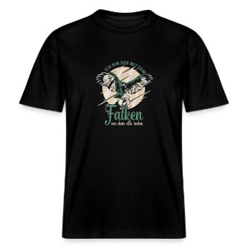 Falkner Motiv Falke Outfit Falkenliebhaber -  RELAXED FIT Unisex Organic T-Shirt - Schwarz - Vorne - Alina (178cm) & Michal (187cm)