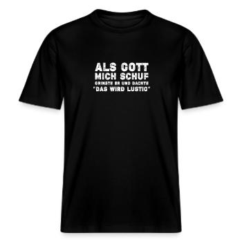 Göttlich Grinsen -  RELAXED FIT Unisex Organic T-Shirt - Schwarz - Vorne - Alina (178cm) & Michal (187cm)