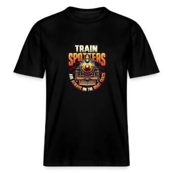 Trainspotting Train Lovers Trains -  RELAXED FIT Unisex Organic T-Shirt - black - Front - Alina (178cm) & Michal (187cm)