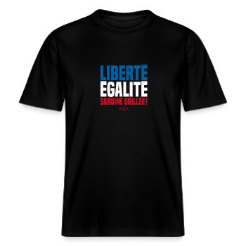 LIBERTE EGALITE SARDINE GRILLEE ! -  T-shirt unisexe RELAXED FIT en coton bio - noir - Devant - Alina (178cm) & Michal (187cm)