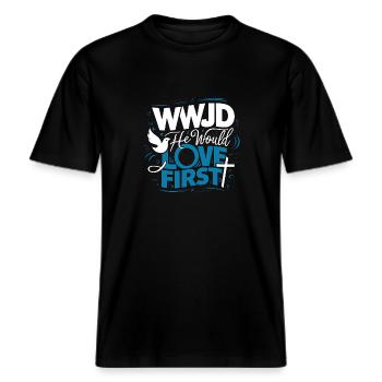 WWJD HWLF Jesus würde den Ersten Christen lieben -  RELAXED FIT Unisex Organic T-Shirt - Schwarz - Vorne - Alina (178cm) & Michal (187cm)
