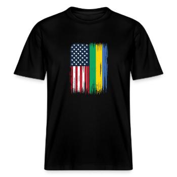 Gabonese Roots and Gabon American Flag -  RELAXED FIT Unisex Organic T-Shirt - black - Front - Alina (178cm) & Michal (187cm)