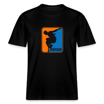 Parkour Sport Logo -  RELAXED FIT Unisex Organic T-Shirt - black - Front - Alina (178cm) & Michal (187cm)
