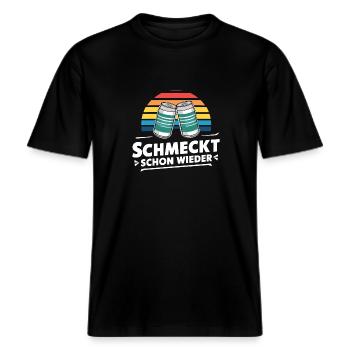 Schmeckt schon wieder Dosenbier Festival Zelt -  RELAXED FIT Unisex Organic T-Shirt - Schwarz - Vorne - Alina (178cm) & Michal (187cm)