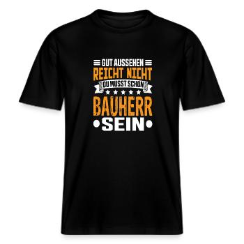 Bauherr Bauherren Hausbauer Eigenheim Richtfest -  RELAXED FIT Unisex Organic T-Shirt - Schwarz - Vorne - Alina (178cm) & Michal (187cm)