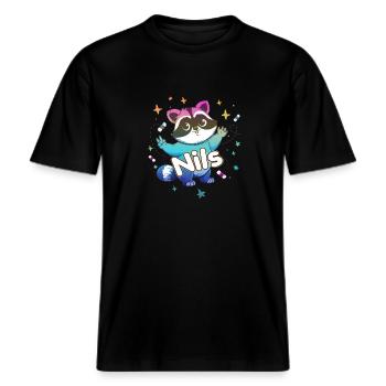 NILS - Beautiful boy name with cute raccoon -  RELAXED FIT Unisex Organic T-Shirt - black - Front - Alina (178cm) & Michal (187cm)