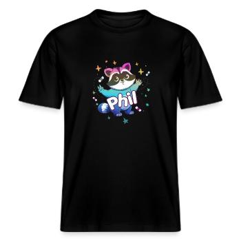 PHIL - Schöner Jungen Name mit süßem Waschbär -  RELAXED FIT Unisex Organic T-Shirt - Schwarz - Vorne - Alina (178cm) & Michal (187cm)