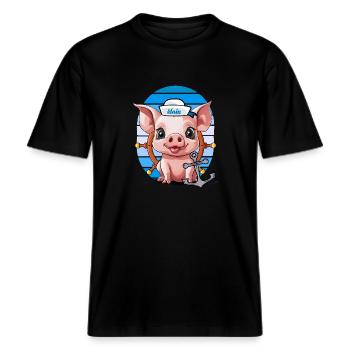 Schwein Matrose Steuermann Anker Maritim -  RELAXED FIT Unisex Organic T-Shirt - Schwarz - Vorne - Alina (178cm) & Michal (187cm)