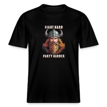 VIKING SE BATTRE DUR, FAIRE LA FÊTE PLUS FORT -  T-shirt unisexe RELAXED FIT en coton bio - noir - Devant - Alina (178cm) & Michal (187cm)