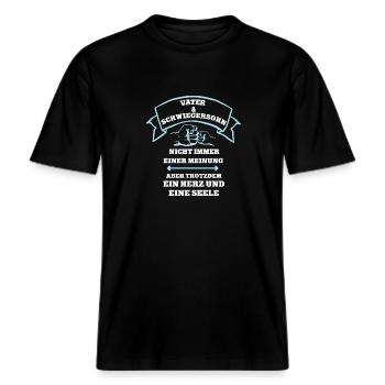 Schwiegersohn Schwieger Vater Partnerlook Team -  RELAXED FIT Unisex Organic T-Shirt - Schwarz - Vorne - Alina (178cm) & Michal (187cm)