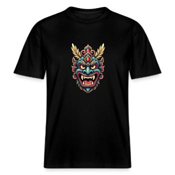 Aztekische Krieger Maske Maya Kultur Antike -  RELAXED FIT Unisex Organic T-Shirt - Schwarz - Vorne - Alina (178cm) & Michal (187cm)