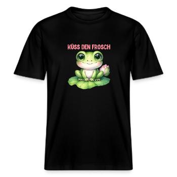 Froschkostüm KÜSS DEN FROSCH Lustiges Faschings -  RELAXED FIT Unisex Organic T-Shirt - Schwarz - Vorne - Alina (178cm) & Michal (187cm)